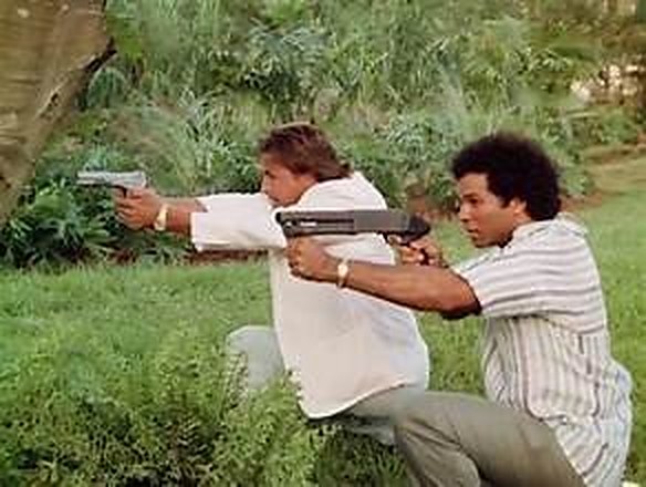 Crockett et Tubbs en position de tir dans la végétation