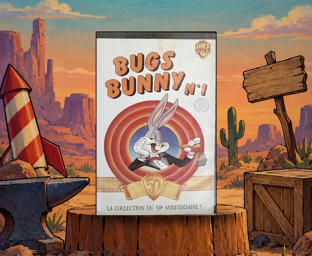 La cassette VHS Bugs Bunny n°1, collection du 50e anniversaire des Looney Tunes, sur une souche dans un décor de désert.